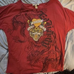 Ed Hardy, off the shoulder, oversized shirt, Brick Red